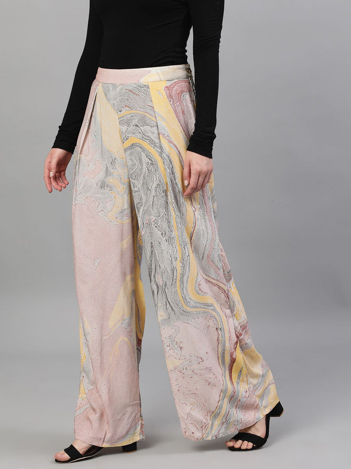 BOTTOMS - PEACH & GREY MARBLE PRINTED PALAZZO