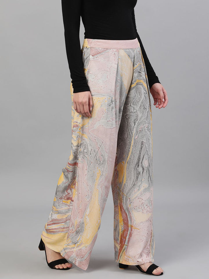 BOTTOMS - PEACH & GREY MARBLE PRINTED PALAZZO