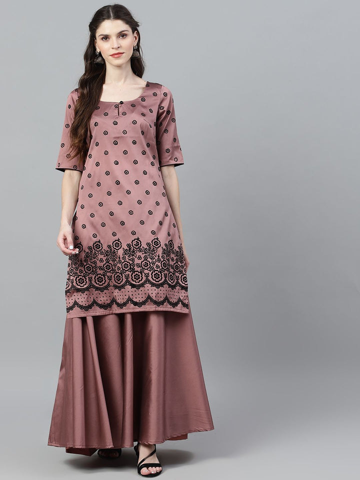 CO-ORD - Mauve Flock Printed Kurta With Solid Skirt Set