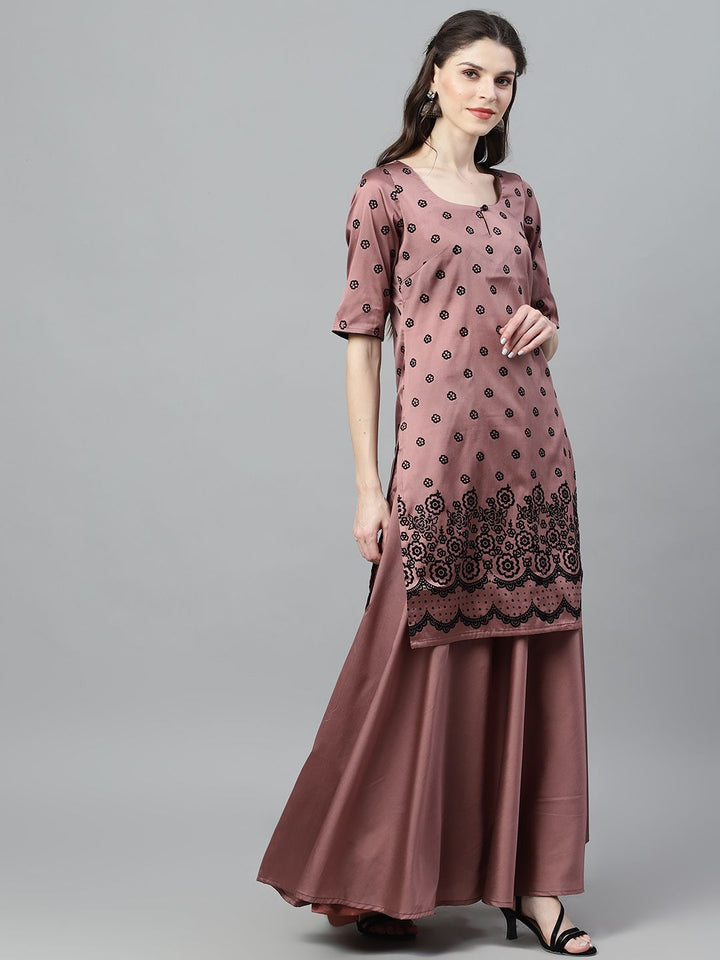 CO-ORD - Mauve Flock Printed Kurta With Solid Skirt Set