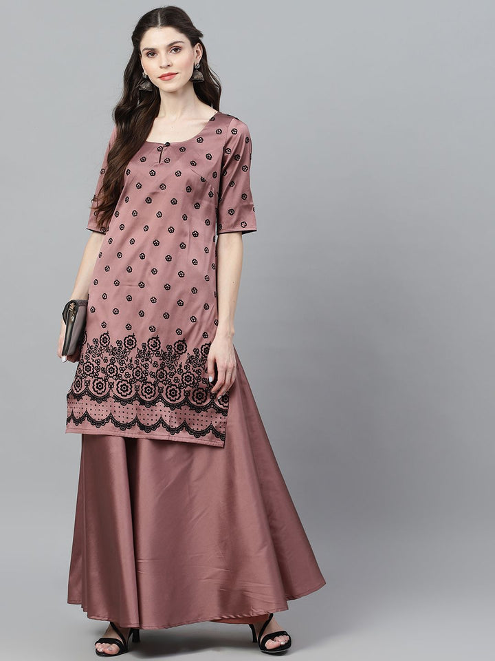 CO-ORD - Mauve Flock Printed Kurta With Solid Skirt Set