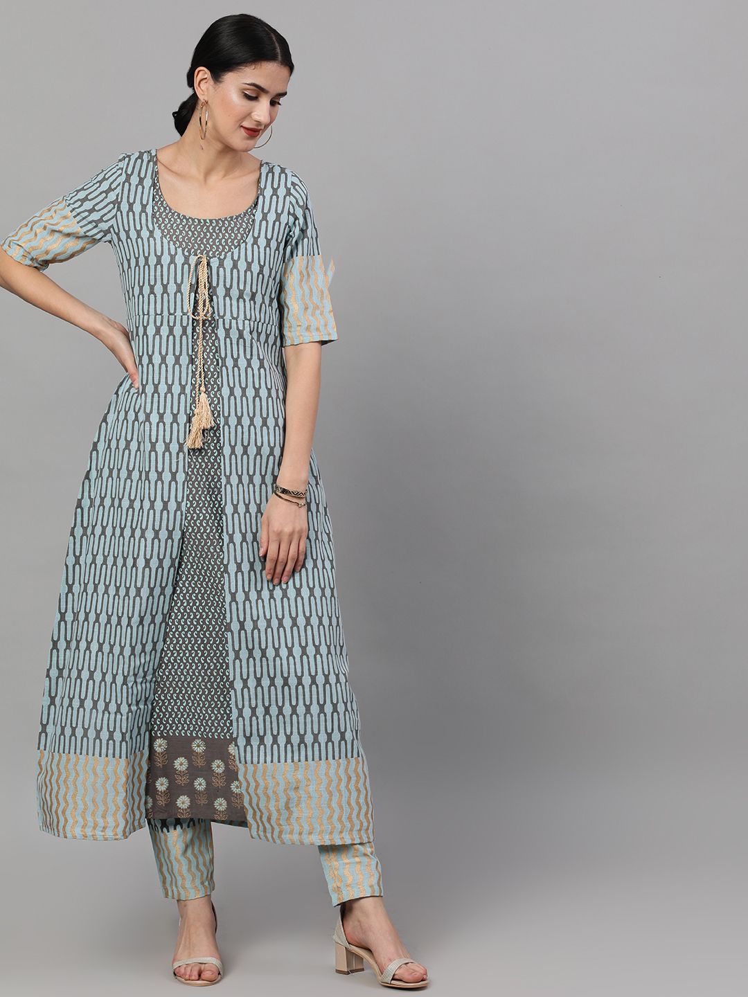 KURTA PANT - Grey & Blue Printed Layered Kurta Set