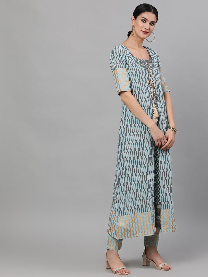 KURTA PANT - Grey & Blue Printed Layered Kurta Set