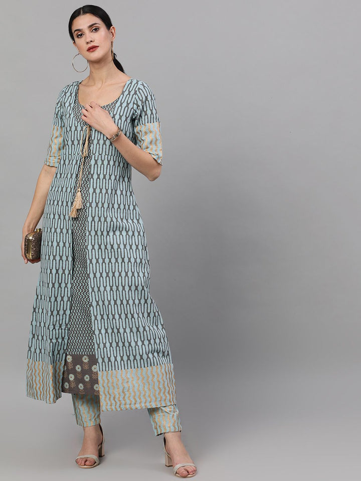 KURTA PANT - Grey & Blue Printed Layered Kurta Set