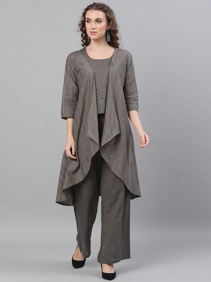 CO-ORD - Grey Striped Woven Design Asymmetric Jacket & Top With Palazzo Set