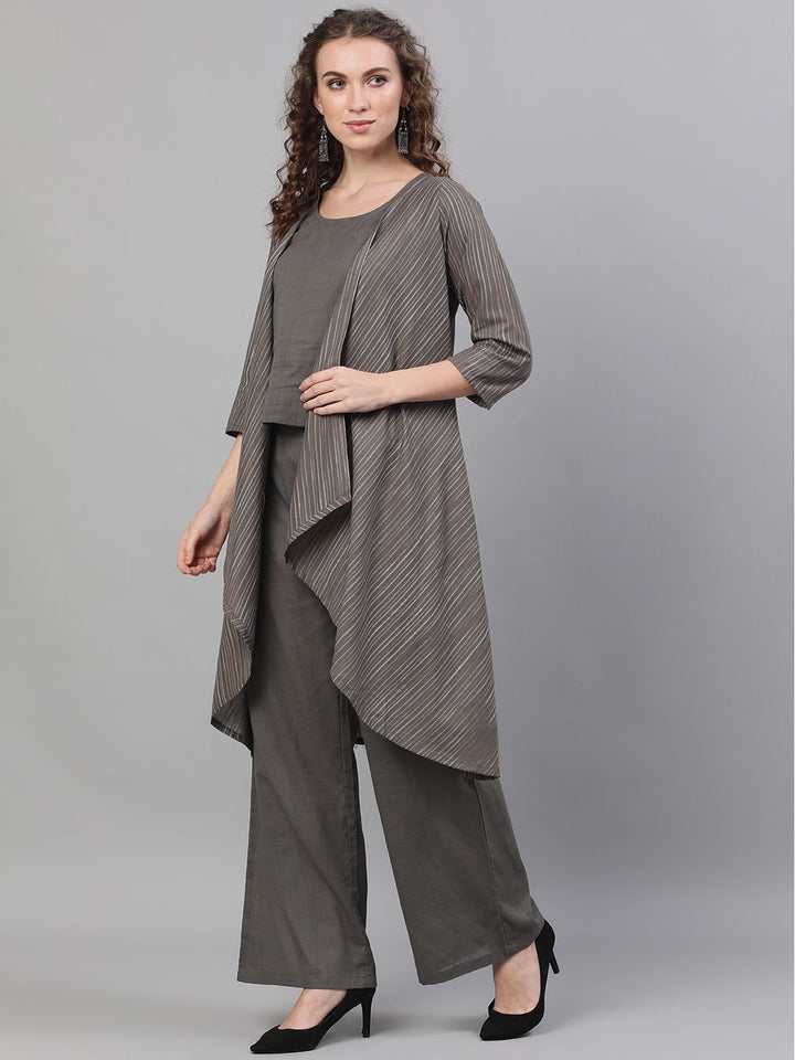 CO-ORD - Grey Striped Woven Design Asymmetric Jacket & Top With Palazzo Set