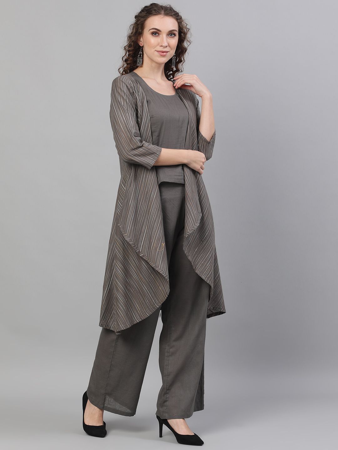 CO-ORD - Grey Striped Woven Design Asymmetric Jacket & Top With Palazzo Set