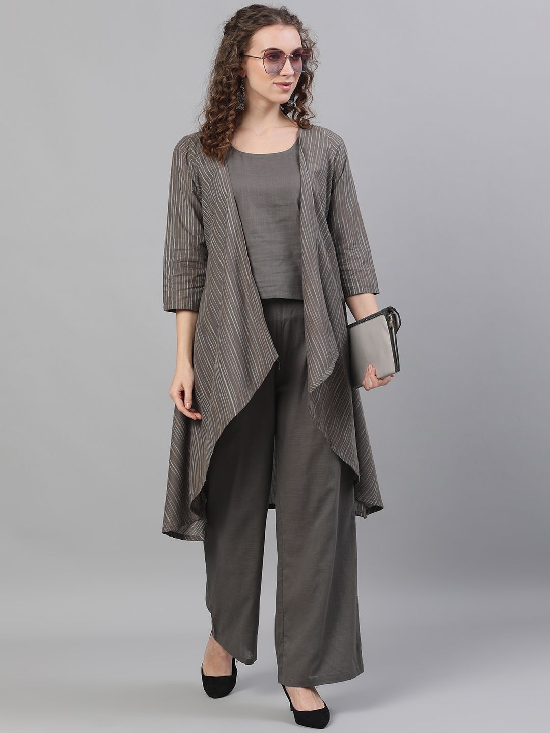 CO-ORD - Grey Striped Woven Design Asymmetric Jacket & Top With Palazzo Set