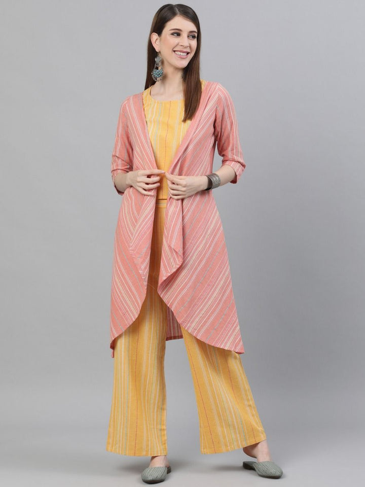 CO-ORD - Yellow & Peach Striped Handloom Design Asymmetric Jacket & Top With Palazzo Set