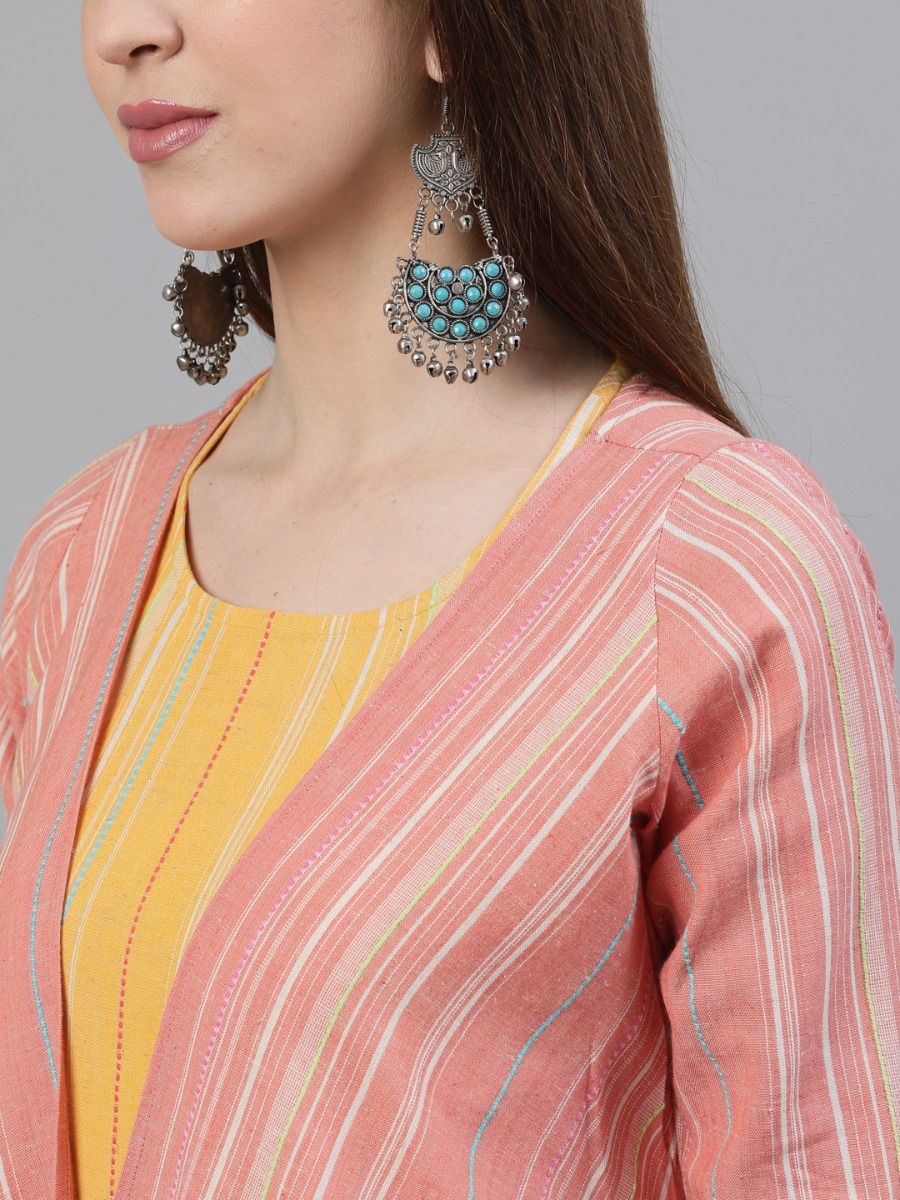 CO-ORD - Yellow & Peach Striped Handloom Design Asymmetric Jacket & Top With Palazzo Set