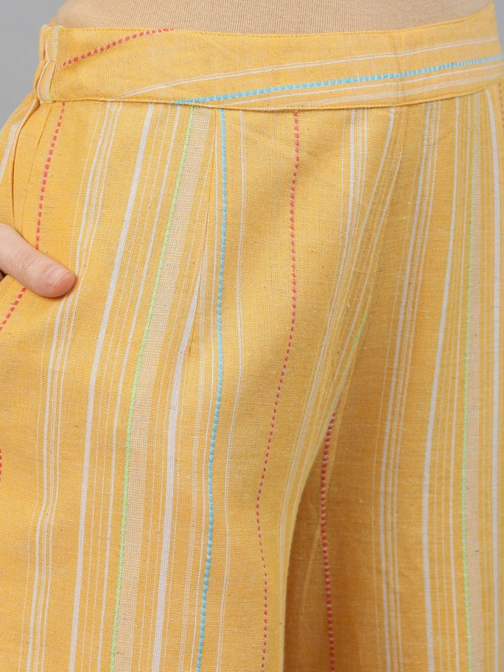 CO-ORD - Yellow & Peach Striped Handloom Design Asymmetric Jacket & Top With Palazzo Set