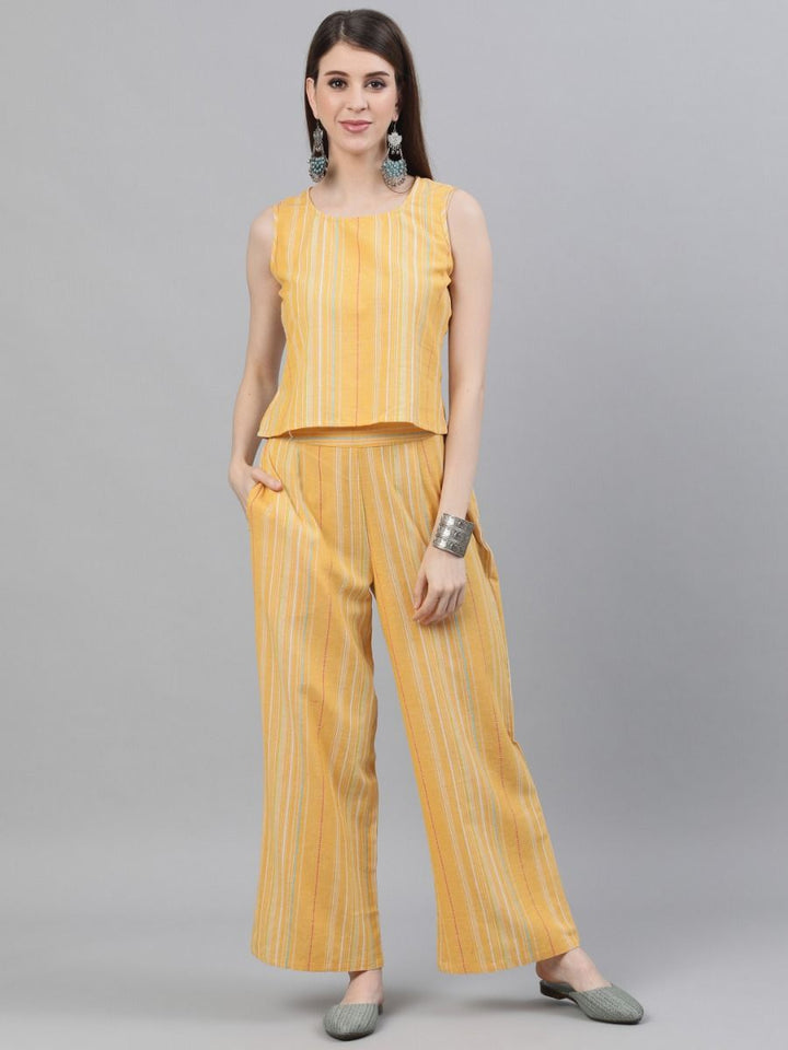 CO-ORD - Yellow & Peach Striped Handloom Design Asymmetric Jacket & Top With Palazzo Set