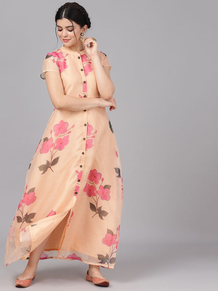 DRESS - Cream & Pink Floral Print A-Line Dress