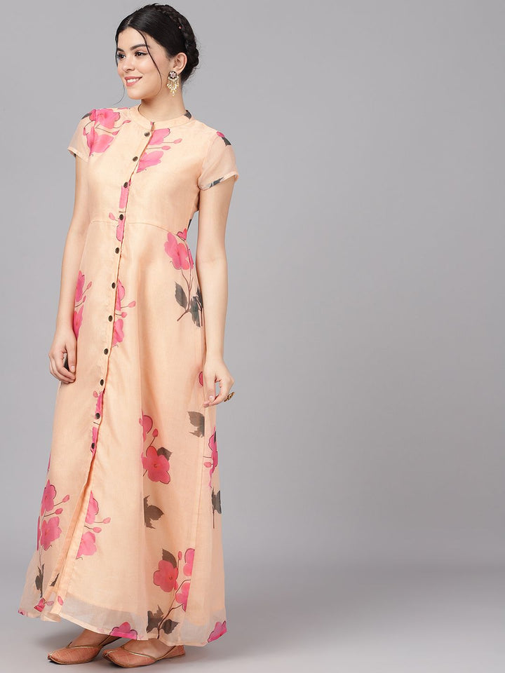 DRESS - Cream & Pink Floral Print A-Line Dress