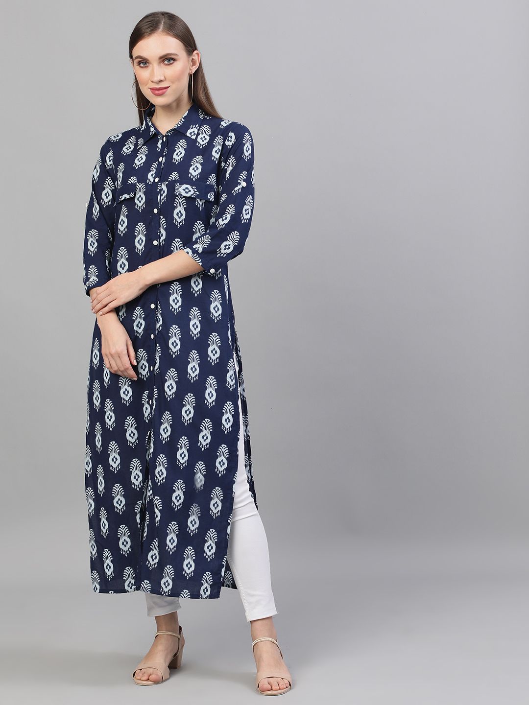 KURTA - Indigo & White Printed Button Down Kurta