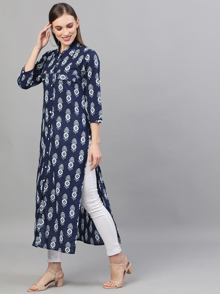 KURTA - Indigo & White Printed Button Down Kurta