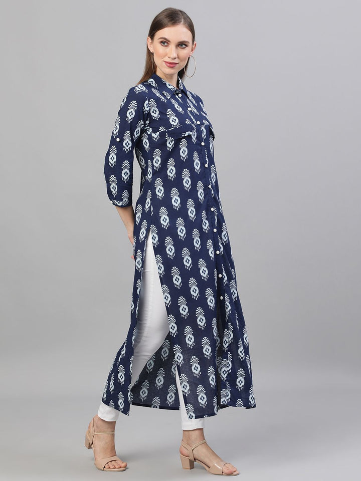 KURTA - Indigo & White Printed Button Down Kurta