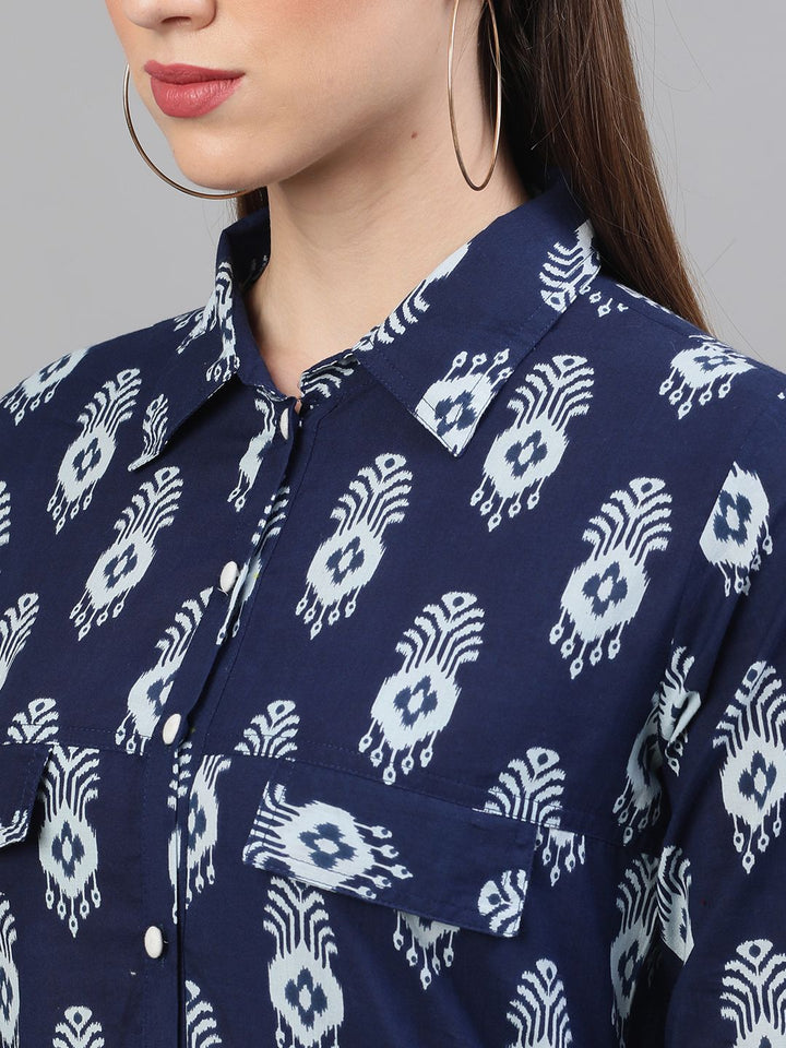 KURTA - Indigo & White Printed Button Down Kurta