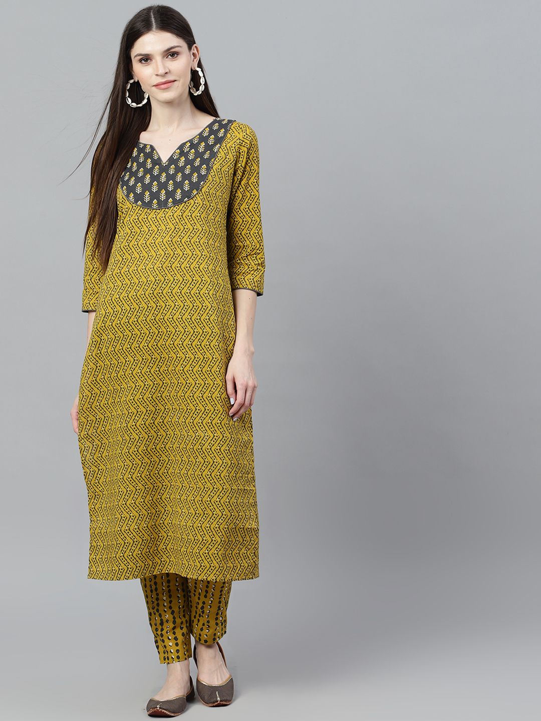 KURTA - Mustard & Grey Printed Straight Kurta