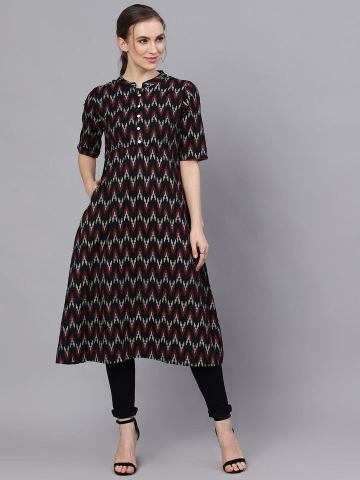 KURTA - Black Ikat Print A-Line Kurta