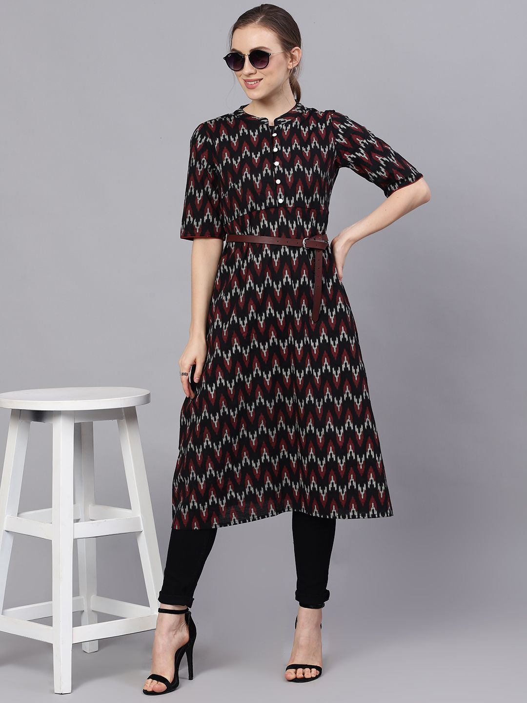 KURTA - Black Ikat Print A-Line Kurta