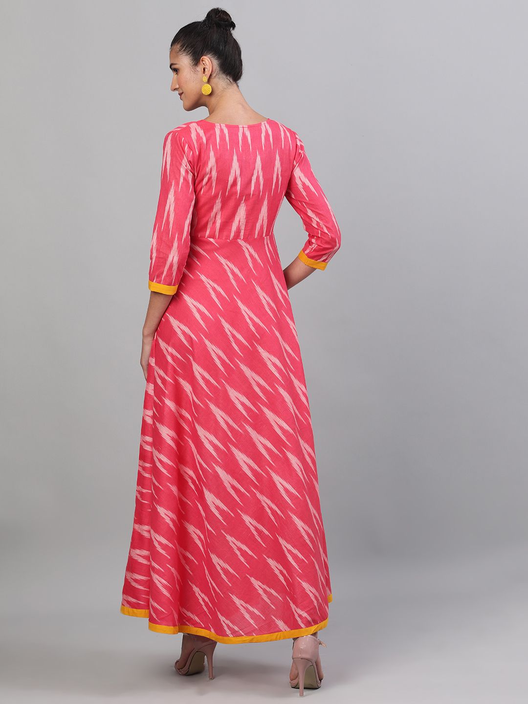 DRESS - Pink & White Ikat Handloom Woven Design Flared Maxi with Matching Face Mask