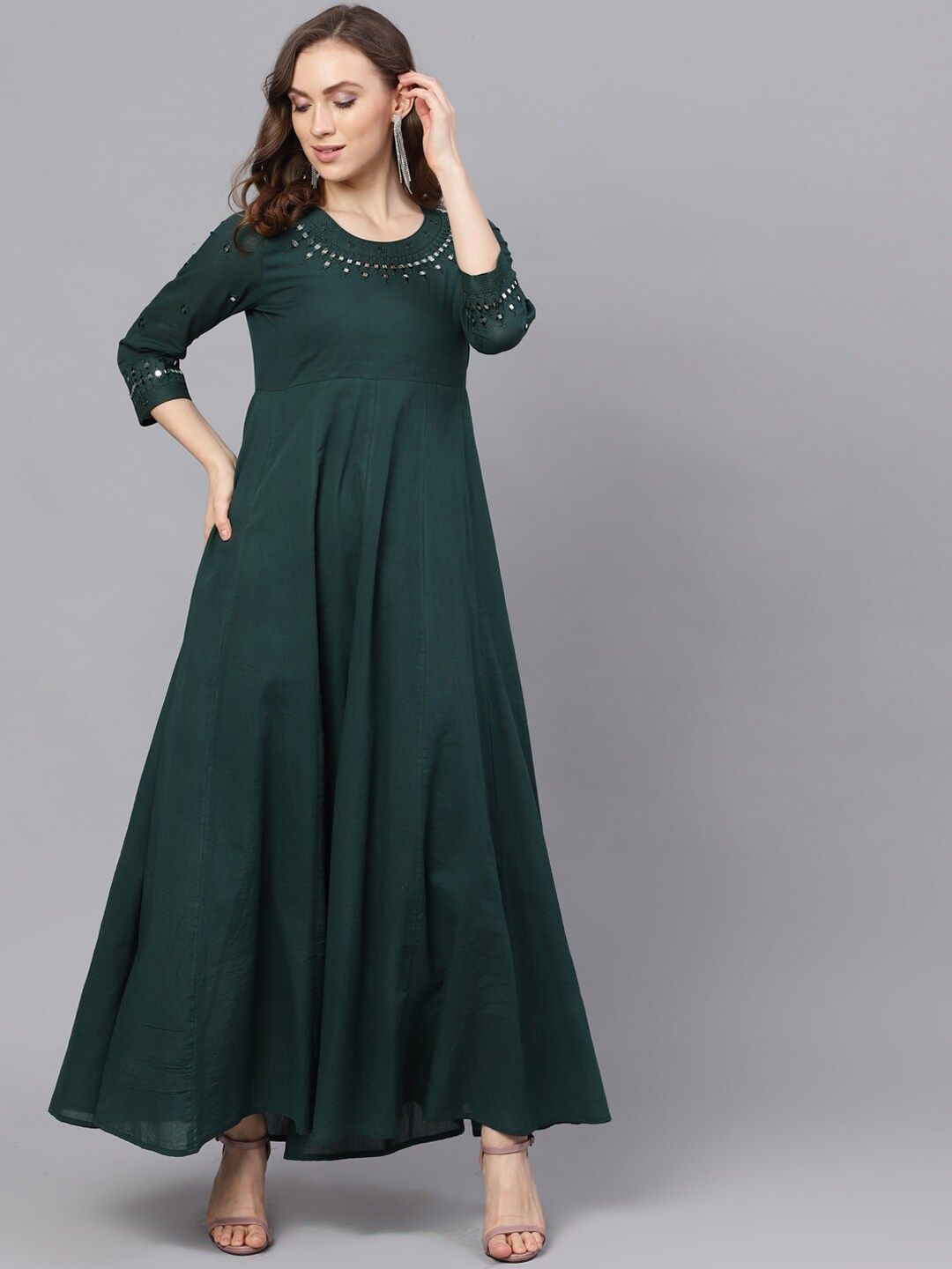 DRESS - Green Mirror Work Flared Maxi