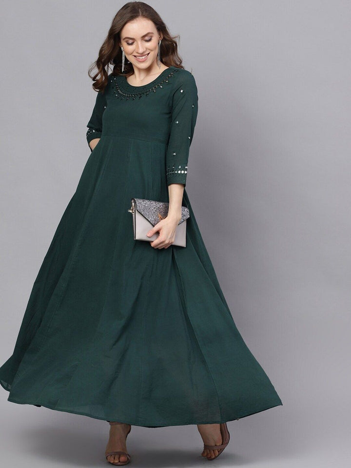 DRESS - Green Mirror Work Flared Maxi