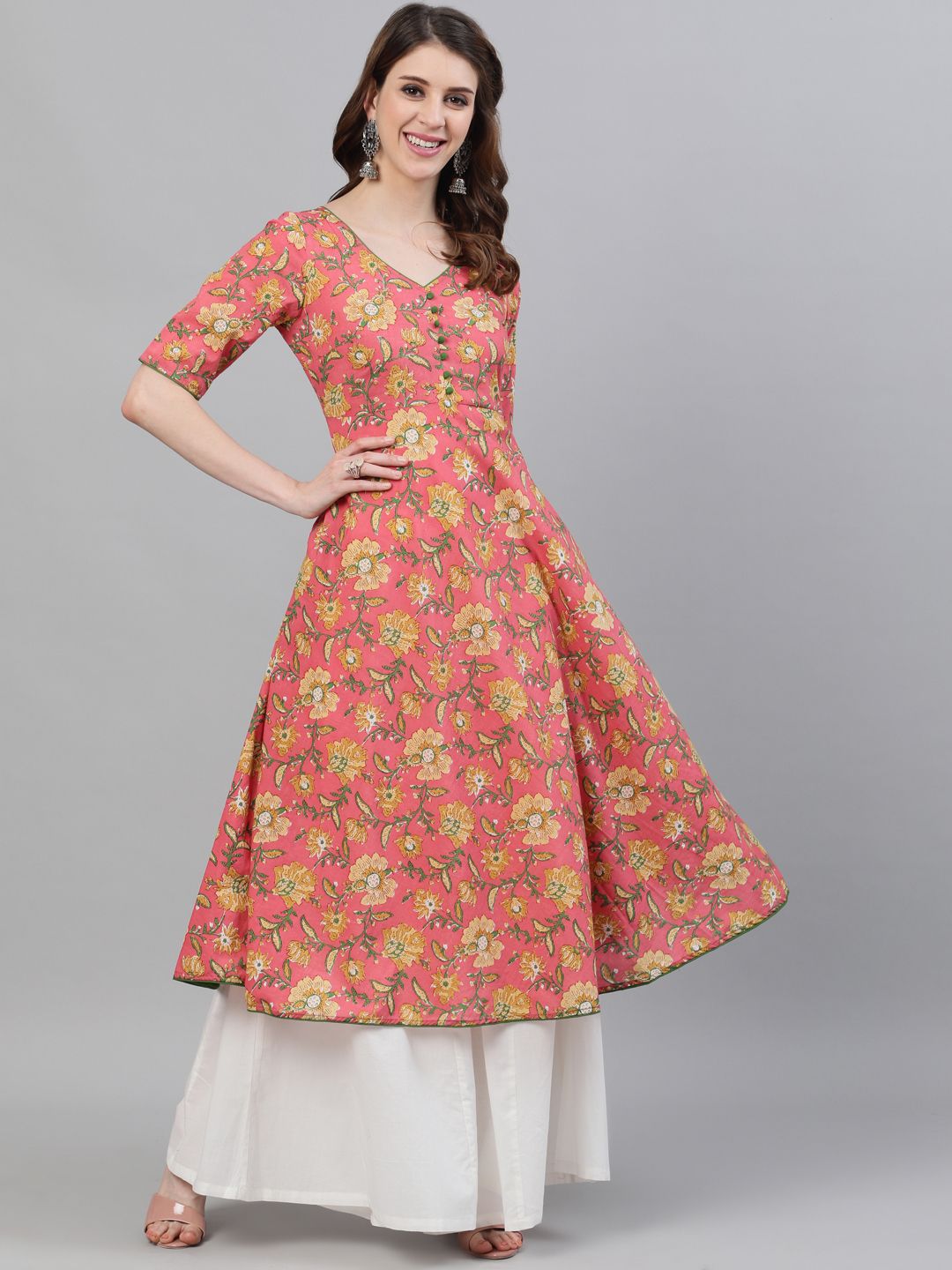 DRESS - Pink Floral Printed Flared Anarkali Dress