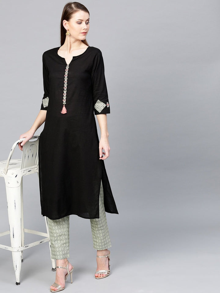 KURTA PANT - Women Black & Off-White Solid Kurta with Trousers