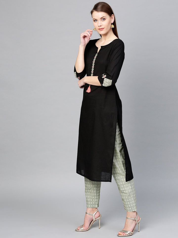 KURTA PANT - Women Black & Off-White Solid Kurta with Trousers