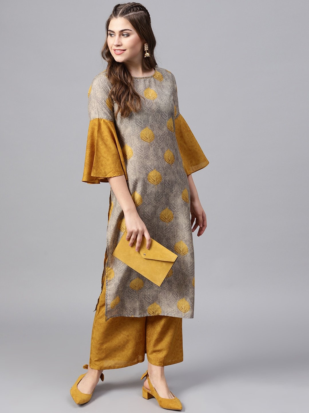 KURTA PANT - Women Grey & Mustard Brown Printed Kurta with Palazzos