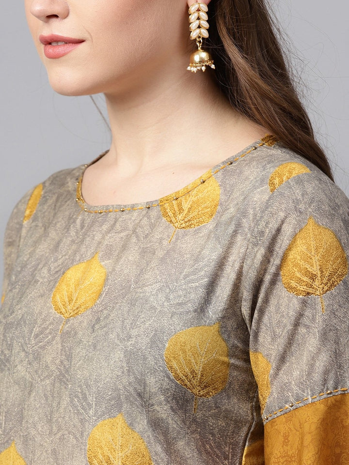 KURTA PANT - Women Grey & Mustard Brown Printed Kurta with Palazzos