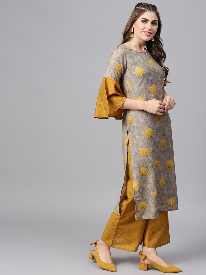 KURTA PANT - Women Grey & Mustard Brown Printed Kurta with Palazzos