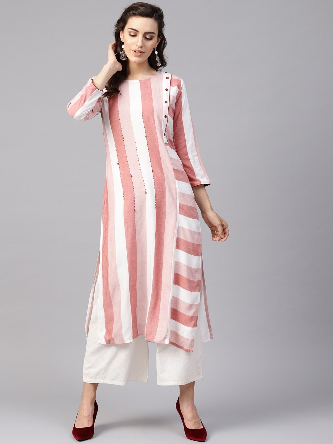 KURTA - Women Pink & White Striped Straight Kurta