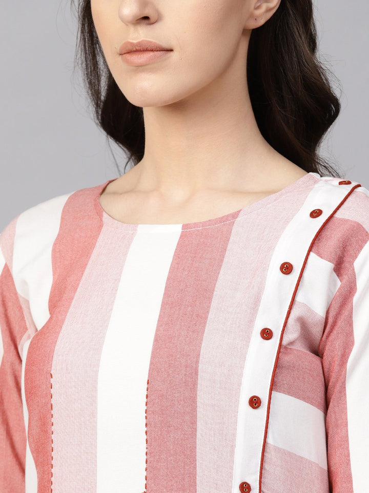 KURTA - Women Pink & White Striped Straight Kurta