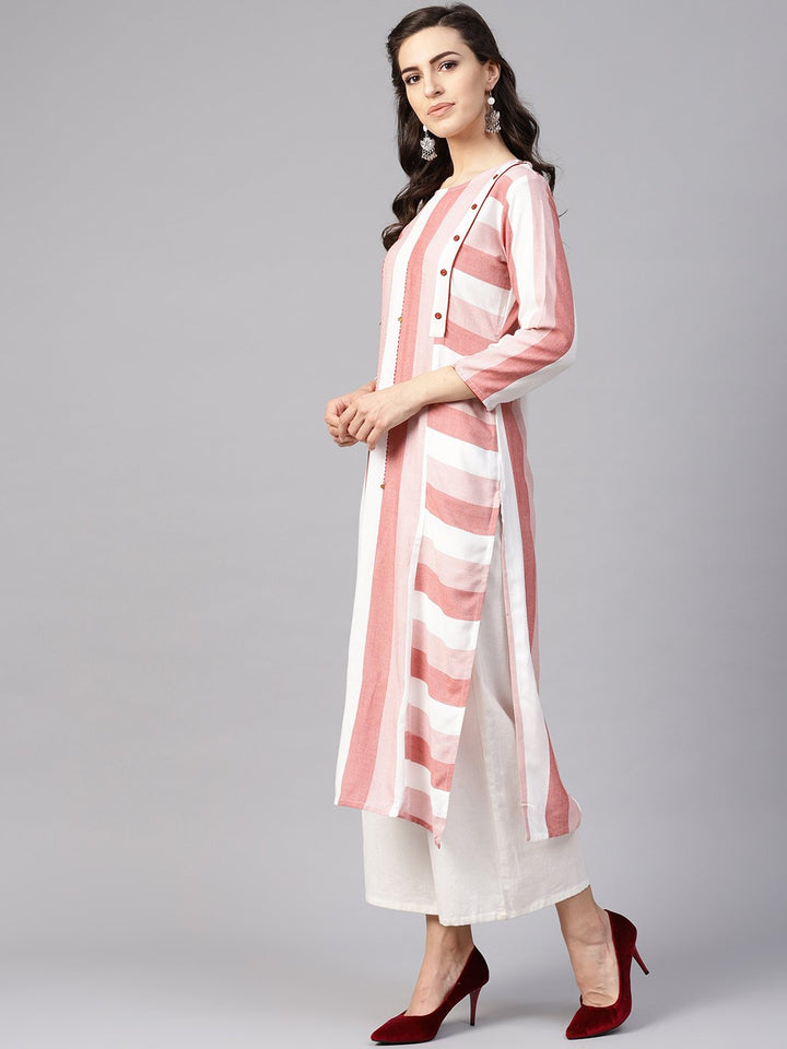 KURTA - Women Pink & White Striped Straight Kurta