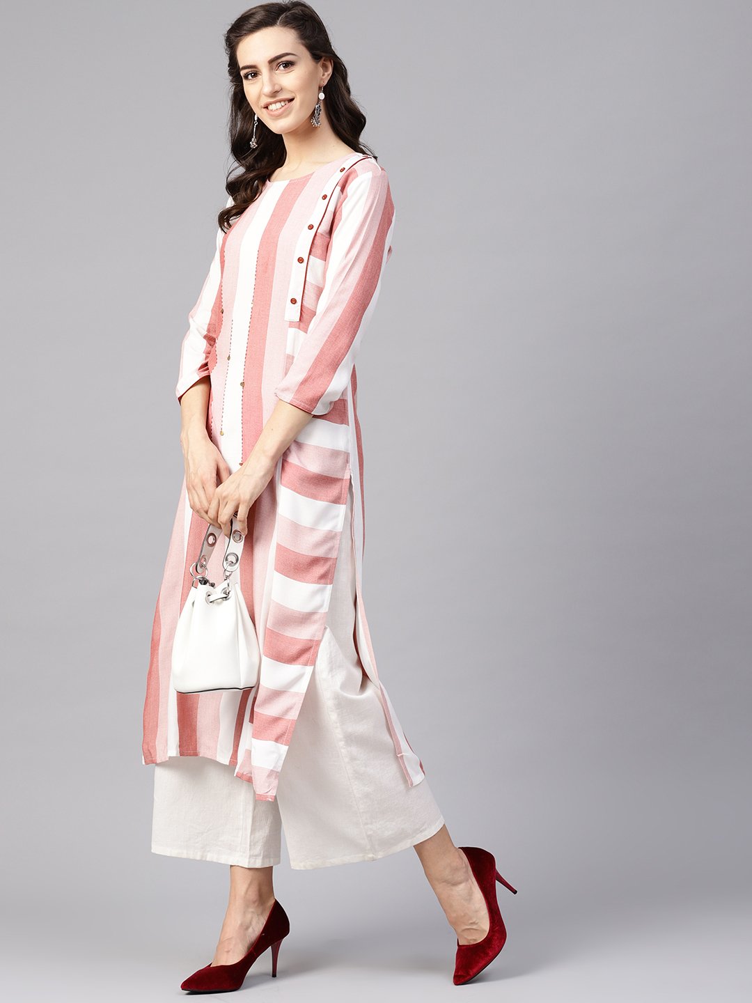 KURTA - Women Pink & White Striped Straight Kurta